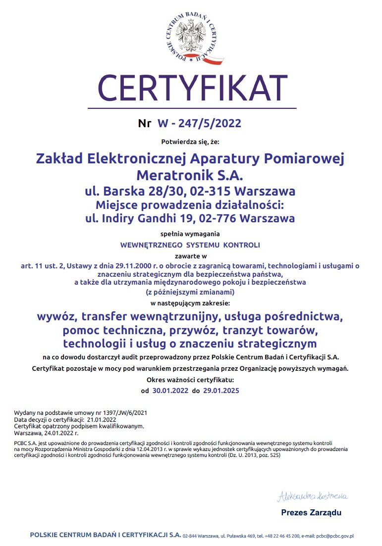 Internal Control System Certificate fo Meratronik S.A.